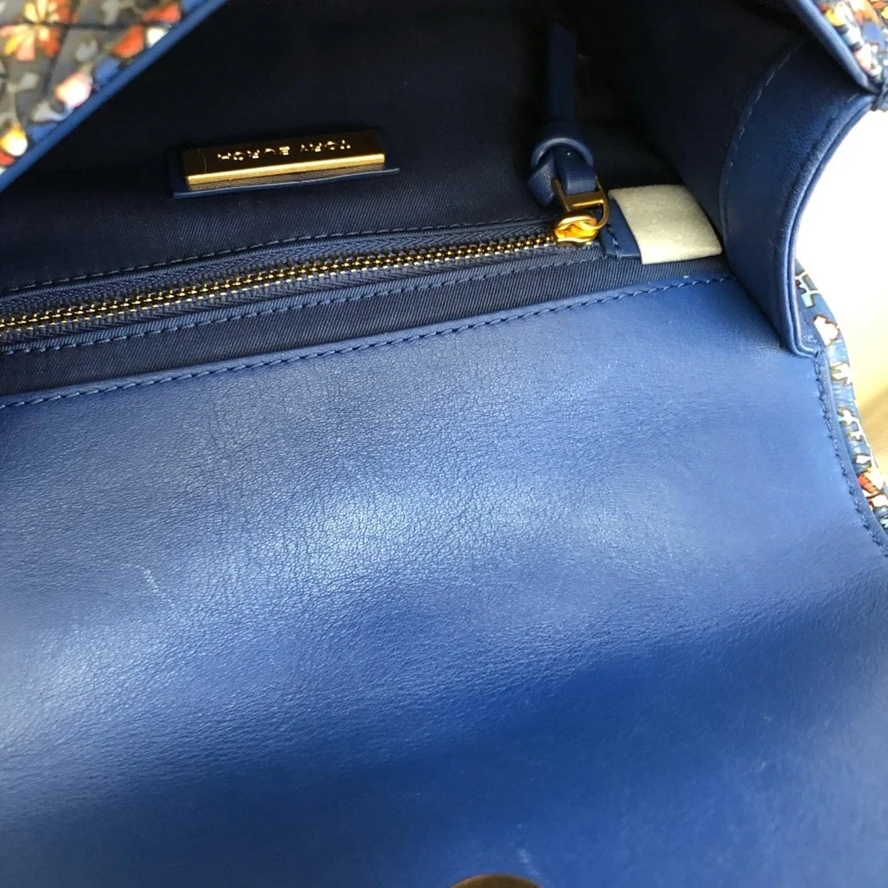 Tory Burch Navy Floral Quilted Crossbody Bag with Gold Chain